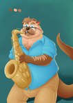 anthro belly bottomwear brown_body brown_fur clothed clothing eyewear fur glasses male mature_male music musical_instrument pants saxophone shirt simple_background solo tail tan_body tan_fur tenor_saxophone topwear wind_instrument woodwind_instrument sibluself mammal mustelid otter sea_otter digital_media_(artwork) hi_res