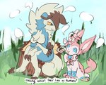 ambiguous_gender blue_body blue_fur blue_sky detailed_background dialogue duo female feral fur grass outside plant sky smile text bloowolfy nintendo pokemon aries_(bloowolfy) valentine_(bloowolfy) eeveelution generation_6_pokemon generation_7_pokemon lycanroc midnight_lycanroc pokemon_(species) sylveon english_text trans_(lore) trans_man_(lore)