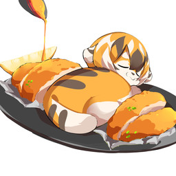chibi countershading eyes_closed female feral feralized food fur hair multicolored_body multicolored_fur multicolored_hair orange_body orange_fur orange_hair plant simple_background solo white_body white_fur white_hair aspirindabaitu arknights hypergryph studio_montagne waai_fu_(arknights) felid mammal pantherine tiger 1:1 absurd_res digital_media_(artwork) hi_res