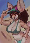 anthro beach bikini bikini_bottom black_sclera breasts brown_hair cleavage clothed clothing curved_horn female fur hair hat headgear headwear horn long_fangs one_eye_closed open_mouth open_smile smile solo swimwear tan_body tan_fur two-piece_swimsuit visor_cap wide_eyed wink diadorin canid canine demon fennec_fox fox mammal true_fox absurd_res hi_res