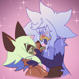 after_kiss anthro beak blue_budgie blush bodily_fluids breasts breath eye_contact eyelashes green_blush hand_on_another's_face kissing looking_at_another medium_breasts nude open_beak open_mouth red_blush saliva saliva_string side_view tongue tongue_out xevadia aion avian bird canid canine mammal raccoon_dog tanuki 1:1