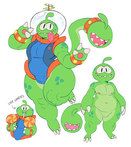 anthro blue_clothing bodily_fluids bulge claws clothed clothing eating green_body male nude open_mouth overweight overweight_anthro overweight_male saliva saliva_string sharp_teeth slightly_chubby solo teeth toe_claws tongue tongue_out hanaarts cut_the_rope om_nom alien 2026 colored hi_res