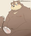 anthro belly big_belly black_nose blush brown_body brown_fur erection fur genitals humanoid_hands kemono male moobs nipples overweight overweight_male penis simple_background sitting solo text kisukemk777 bear mammal 2016 hi_res japanese_text