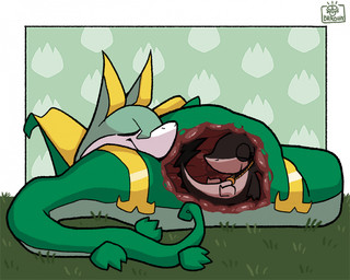 abdominal_bulge ambiguous_gender duo feral grass inside_stomach internal jewelry plant resting sleeping sleeping_together vore baronix nintendo pokemon moonlight_(snivy) generation_5_pokemon pokemon_(species) serperior snivy digital_media_(artwork) hi_res nonbinary_(lore)