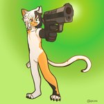 anthro dreadlocks gun handgun laconiii male pistol pose ranged_weapon smug solo weapon kyrie_(palmtrees) calico_cat domestic_cat felid feline felis mammal