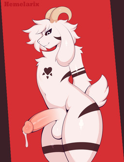 anthro balls big_penis black_sclera bodily_fluids cum cum_drip dripping erection fur genital_fluids genitals glans hair horn humanoid_genitalia humanoid_penis male nude penis presenting red_background simple_background smile solo tail white_body white_fur hemelarix undertale undertale_(series) asriel_dreemurr_(god_form) boss_monster_(undertale) bovid caprine goat mammal digital_media_(artwork) hi_res