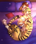 bed breasts brown_hair claws duo eyes_closed female fur furniture hair hooves nude pawpads pillow pink_nose side_boob side_view size_difference sleeping striped_body striped_fur stripes toe_claws blackblood-queen chakona_space goldfur's_cogsverse tiger_lily_(goldfur) tigerbright chakat felid felid_taur hybrid mammal mammal_taur pantherine taur tiger hi_res herm_(lore)