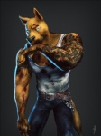 anthro belt biceps biped blood blue_eyes bodily_fluids bottomwear brown_body brown_fur clothing denim denim_bottomwear denim_clothing dirt fur jeans male muscular muscular_anthro muscular_male pants pecs pose shirt solo standing tail tank_top tattoo topwear nick300 canid canine canis domestic_dog mammal wolf 3:4 3d_(artwork) digital_media_(artwork) hi_res