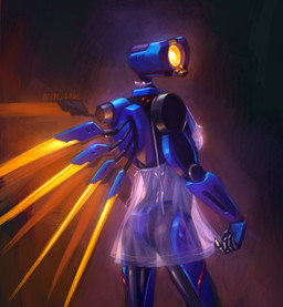 1_eye 8_wings ambiguous_gender armored_body blue_body clothing dress dress_only glowing glowing_eyes looking_at_viewer looking_back looking_back_at_viewer machine multi_wing not_furry pink_clothing pink_dress side_view solo translucent translucent_clothing wings wire yellow_eyes yellow_wings odem_logs new_blood_interactive ultrakill v1_(ultrakill) humanoid robot robot_humanoid digital_media_(artwork) digital_painting_(artwork) painting_(artwork) shaded signature