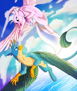 beak blue_body blue_eyes blue_feathers blue_fur duo feathers female feral fingers flying fur gesture half-closed_eyes hand_gesture hooves jewelry long_tail male narrowed_eyes necklace pink_beak pink_body pink_feathers pink_fur pointing purple_eyes smile tail tan_body tan_fur yellow_beak taledemon european_mythology friendship_is_magic greek_mythology hasbro my_little_pony mythology gallus_(mlp) silverstream_(mlp) avian gryphon hippogriff mythological_avian mythological_creature 2018 digital_media_(artwork) hi_res
