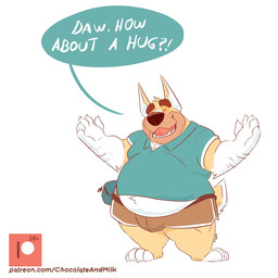 anthro arm_hair belly big_belly blue_clothing blue_shirt blue_t-shirt blue_topwear body_hair bottomwear brown_bottomwear brown_clothing bulge clothed clothing eyes_closed eyewear fur glasses jewelry male male_anthro moobs necklace obese obese_anthro obese_male open_mouth open_smile overweight overweight_anthro overweight_male shirt smile solo speech_bubble standing t-shirt text tinted_glasses topwear white_body white_fur yellow_body yellow_fur chocolateandmilk richard_(chocolateandmilk) canid canine canis domestic_dog mammal 1:1 english_text full-length_portrait hi_res portrait url