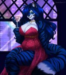 anthro blue_body blue_fur blue_hair clothed clothing dress female fur glistening glistening_eyes green_eyes grin hair holding_glass holding_object inside long_hair looking_at_viewer markings red_clothing red_dress sitting smile solo striped_arms striped_legs striped_markings striped_tail stripes tail tail_markings white_body white_fur window tiggybloom felid mammal pantherine tiger hi_res