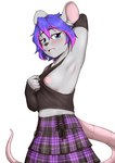 anthro blue_eyes blue_hair blush blush_lines bodily_fluids bottomwear breasts clothing female fur grey_body grey_fur hair highlights_(coloring) midriff multicolored_hair nipples pattern_bottomwear pattern_clothing pattern_skirt pink_highlights plaid plaid_bottomwear plaid_clothing plaid_skirt presenting presenting_armpit presenting_breasts simple_background skirt solo sweat white_background emynsfw06 mammal murid murine rat rodent 2025 hi_res