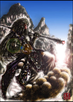anthro detailed_background holding_object holding_weapon male melee_weapon polearm ruyi_jingu_bang solo somersault_cloud staff weapon uchida_shuusann uchider journey_to_the_west sun_wukong haplorhine mammal monkey primate low_res
