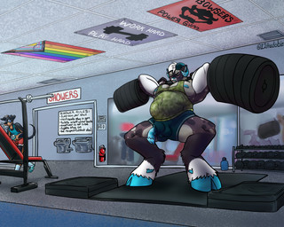 anthro athletic athletic_wear barazoku bottomwear clothing duo exercise full_scene genitals gym gym_bottomwear gym_shorts hooves horn lgbt_pride male muscular penis pride_colors progress_pride_colors rainbow_flag rainbow_symbol shorts spit-take text voyeur wardrobe_malfunction weightlifting workout 12thedobie background_character bovid canid canine canis caprine dobermann domestic_cat domestic_dog felid feline felis hybrid mammal pinscher sheep 5:4 english_text hi_res