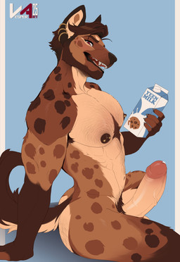 anthro balls beard ear_piercing erection facial_hair fur genitals glans hair humanoid_genitalia humanoid_penis looking_at_viewer male milk muscular muscular_anthro muscular_male nipples penis piercing pubes simple_background solo tail teeth vesper_art hyena mammal absurd_res digital_drawing_(artwork) digital_media_(artwork) flat_colors hi_res