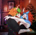 anthro christmas_lights christmas_tree clothed clothing duo female fur hair holidays horn hug male male/female plant smile standing tree wildkicheko christmas canid canine mammal scalie hi_res