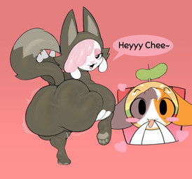 big_butt blush blush_stickers brown_body brown_fur butt claws clothed clothing costume covering covering_mouth ears_down female female/female fur gradient_background hair happy hat head_tuft headgear headwear heart_symbol huge_butt looking_at_viewer motion_lines orange_body orange_fur pink_background pink_eyes pink_hair pivoted_ears presenting presenting_hindquarters raised_leg shortstack simple_background thick_thighs tuft white_body white_fur kaizoart chikn_nuggit cheezborger_(chikn_nuggit) cofi_(chikn_nuggit) bovid calico_cat caprine domestic_cat felid feline felis mammal sheep 2025 absurd_res digital_media_(artwork) hi_res