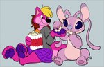 3_toes 4_toes antennae_(anatomy) anthro blue_background bottomwear chest_markings clothed clothing duo ear_piercing eating eyewear feet female food fur glasses holding_food holding_object markings pawpads piercing pink_body pink_fur popcorn purple_eyes purple_nose purple_pawpads simple_background sitting skirt smile toes pastelcore disney lilo_and_stitch angel_(lilo_and_stitch) alien canid canine canis experiment_(lilo_and_stitch) mammal wolf 2019 colored_sketch digital_drawing_(artwork) digital_media_(artwork) hi_res sketch