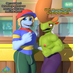 anthro big_butt big_muscles big_pecs blonde_hair blue_clothing blue_eyes blue_shirt blue_topwear bottomwear bulge butt chest_wraps clothing dark_eyes detailed_background duo green_body green_bottomwear green_clothing green_pants green_scales hair hand_on_partner's_butt hand_on_partner's_hip looking_at_another looking_at_partner male male/male muscular muscular_male nipples outside pants pattern_clothing pattern_shirt pattern_topwear pecs pompadour ponytail purple_bottomwear purple_clothing purple_pants red_cap red_scarf scales scarf shirt smile smiling_at_another smiling_at_partner store striped_clothing striped_shirt striped_topwear stripes text topwear white_body white_skin white_text window wraps yellow_clothing yellow_shirt yellow_text yellow_topwear albalbalb asian_mythology earthbound_(series) east_asian_mythology japanese_mythology level-5 mythology nintendo tomodachi_life:_living_the_dream yo-kai_watch niiue roughraff alien lizard reptile scalie yokai 2026 3d_(artwork) digital_media_(artwork) english_text hi_res watermark