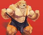 abs anthro biceps big_muscles big_pecs blush bodily_fluids bulge clothed clothing erection erection_under_clothing genitals male muscular muscular_male nipples pecs penis pose simple_background solo sweat topwear wrestling_singlet mti777 bird_dog canid canine canis domestic_dog golden_retriever hunting_dog mammal retriever hi_res pinup