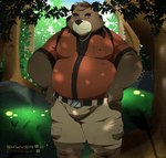 anthro belly bottomwear brown_body brown_fur bulge clothing eyes_closed fur male outside overweight overweight_anthro overweight_male plant shirt shorts solo topwear tree skyverchase bear mammal 2021