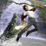 brown_hair clothing duo hair male plant swinging teeth torn_clothing vines water waterfall saxonsurokov pitfall pitfall_harry_jr. crocodile crocodilian human mammal reptile scalie 1:1