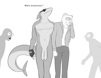 2_penises ambiguous_gender animal_genitalia animal_penis anthro clothed clothing dialogue diphallism duo embarrassed exhibitionism eyewear fin fingerless_gloves genitals gills glans gloves gloves_only group handwear handwear_only hemipenes humanoid_genitalia hybrid_genitalia hybrid_penis male mostly_nude multi_genitalia multi_penis multicolored_body navel nude pecs penis selective_coloring smile smug_smile sunglasses tail tail_fin text two_tone_body wide_eyed joeyjazz fishfunk_(modeler) pogchamp joey_(joeyjazz) tal_(sneptacular) aquatic felid fish mammal pantherine shark snow_leopard absurd_res english_text hi_res meme monochrome