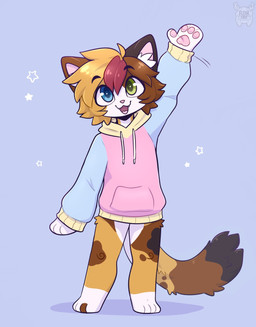anthro blonde_hair blue_eyes bottomless brown_hair brown_markings clothed clothing fur gesture green_eyes hair heterochromia hoodie hoodie_only male markings multicolored_body multicolored_fur multicolored_hair multicolored_hoodie open_mouth open_smile pawpads pink_nose pink_pawpads red_hair short_hair simple_background smile solo standing topwear topwear_only waving white_body white_fur yellow_body yellow_fur fleurfurr domestic_cat felid feline felis mammal hi_res