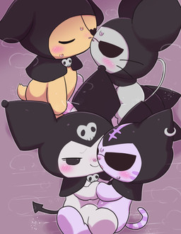 anthro black_hood blush bodily_fluids chibi ear_piercing ear_ring eye_patch eyewear female female/female genital_fluids group hand_holding kissing obscured_sex obscured_tribadism obscured_vaginal penetration piercing ring_piercing sex sex_toy sex_toy_in_vagina sex_toy_insertion spade_tail sunglasses sweat tail tribadism vaginal vaginal_fluids vaginal_penetration young young_anthro badwingm onegai_my_melody sanrio chumi kuromi nyanmi wanmi canid canine canis demon domestic_cat domestic_dog felid feline felis lagomorph leporid mammal mouse murid murine rabbit rodent hi_res