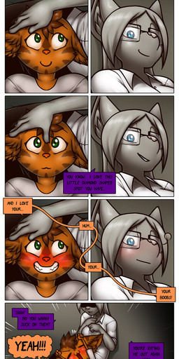 age_difference anthro chibi clothed clothing dialogue duo eyewear female fully_clothed glasses head_on_lap male male/female on_lap shadowed_eyes speech_bubble student teacher teacher_and_student text james_howard patreon agatha_(james_howard) alphonse_(james_howard) cougar domestic_cat felid feline felis mammal absurd_res comic english_text hi_res