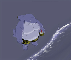 anthro beach belly big_belly clothing humanoid_hands kemono male moobs navel outside overweight overweight_male scar seaside solo swimwear water hodol aquatic fish shark 2015