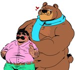 anthro arm_hair belly black_hair blue_scarf blush body_hair bottomwear brown_body brown_fur clothing duo facial_hair fur gesture green_bottomwear green_clothing green_pants hair heart_gesture heart_symbol male moobs mostly_nude mustache navel one_eye_closed overweight overweight_male pants pink_clothing pink_shirt pink_topwear scarf scarf_only shirt topwear starzodd duolingo falstaff_(duolingo) oscar_(duolingo) bear human mammal hi_res