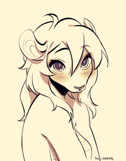 anthro bangs blush breasts eyebrows eyelashes featureless_breasts female female_anthro glistening glistening_eyes hair long_hair looking_at_viewer nude nude_anthro nude_female pink_nose pose purple_eyes simple_background solo text yellow_background lanhai felid lion mammal pantherine artist_name cel_shading digital_drawing_(artwork) digital_media_(artwork) english_text handwritten_text hi_res line_art restricted_palette shaded shaded_line_art spot_color