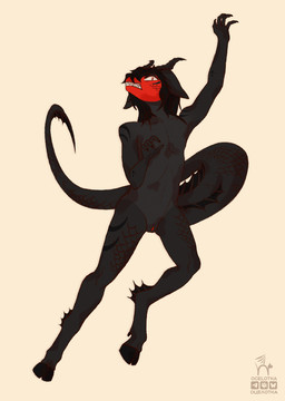angry animal_genitalia anthro black_body black_hair black_horn black_markings breasts claws clenched_teeth featureless_breasts frill_(anatomy) genital_slit genitals hair hooves horn leg_frill long_tail male markings membrane_(anatomy) membranous_frill multicolored_body nude nude_anthro nude_male red_body red_eyes red_face simple_background solo spiked_legs spiked_tail spikes spikes_(anatomy) tail tail_frill teeth ocelotka mythology stygian_(viel) aquatic dragon fish hybrid mythological_creature mythological_scalie scalie digital_media_(artwork) full-length_portrait portrait
