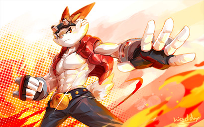 5_fingers abs anthro anthrofied belt bottomwear clothing cosplay eyewear eyewear_on_head fingerless_gloves fingers gloves goggles goggles_on_head handwear male muscular muscular_anthro muscular_male orange_eyes pants pecs pokemorph solo standing waddledox nintendo pokemon summer_wars king_kazma generation_8_pokemon lagomorph mammal pokemon_(species) scorbunny 16:10 2019 digital_media_(artwork) widescreen