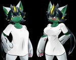 anthro black_hair blush breasts clothing female frown fur green_body green_fur grey_eyes hair pajamas smile solo white_body white_fur tetsushi nintendo pokemon fan_character fu_keane generation_7_pokemon legendary_pokemon pokemon_(species) shiny_pokemon zeraora alpha_channel