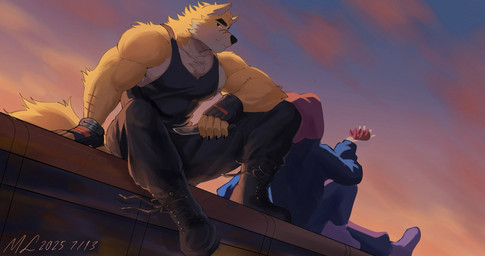 anthro biceps black_eyes boots bottomwear clothing duo fingerless_gloves footwear fur gloves hair handwear jacket male multicolored_body multicolored_fur muscular muscular_male pants pecs scar shirt shoes sitting sky tail tank_top topwear two_tone_body two_tone_fur yellow_body yellow_fur milk475130 remember_the_flowers cooper_krager cyrus_(remember_the_flowers) canid canine canis human mammal wolf hi_res