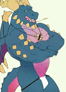 anthro arm_spikes blue_body bulge clothing crossed_arms facial_spikes horn jaw_spikes jewelry looking_at_viewer male mostly_nude multicolored_body muscular muscular_anthro muscular_male necklace object_in_mouth pecs pose scales side_view simple_background solo spikes spikes_(anatomy) thong two_tone_body underwear ventral_scales wheat wheat_in_mouth white_background wings seyrmo activision mythology spyro_reignited_trilogy spyro_the_dragon bubba_(spyro) rescued_dragons_(spyro) dragon mythological_creature mythological_scalie scalie 2018 hi_res pinup portrait three-quarter_portrait