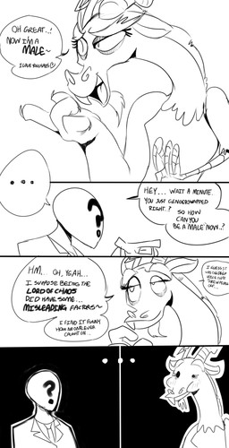 crossgender duo female male text sunibee friendship_is_magic hasbro my_little_pony anon discord_(mlp) chimera draconequus absurd_res english_text greyscale hi_res monochrome