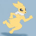 1:1 anthro anthrofied barefoot big_breasts biped black_eyes black_nose breasts canid canine eeveelution feet female fur generation_1_pokemon head_tuft hi_res jolteon mammal multicolored_body multicolored_fur nintendo nipples nude pokemon pokemon_(species) posexe running simple_background smile solo tuft white_body white_fur wide_hips yellow_body yellow_fur