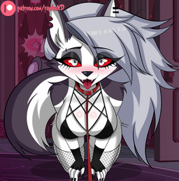 4_fingers 5_fingers anthro black_body black_fur blush breasts clothing ear_piercing eyebrow_piercing eyebrow_through_hair eyebrows eyelashes facial_piercing female fingerless_gloves fingers fishnet_clothing fishnet_legwear fur gloves grey_hair hair handwear kneeling leash legwear looking_at_viewer notched_ear open_mouth piercing red_sclera solo tail text tongue translucent translucent_hair white_body white_fur raydonxd hellaverse helluva_boss mythology loona_(helluva_boss) canid canid_demon canine demon hellhound mammal mythological_canine mythological_creature 2024 url