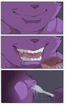 anthro beef bodily_fluids close-up cutlery fangs food fork fur grin kitchen_utensils lips male meat purple_body purple_fur saliva smile solo steak sucking teeth tools conditional_dnp erobos leliel felid feline mammal comic hi_res