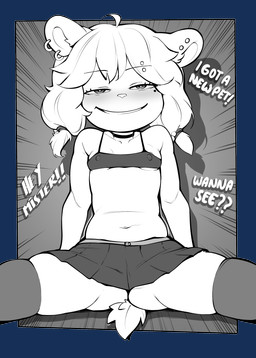 anthro areola areola_slip barbell_piercing blush bottomwear bra breasts butt butt_from_the_front clothing dialogue eyelashes female front_view hair legwear loli navel nipple_outline piercing pupils simple_background skirt small_breasts smile solo spread_legs spreading tail text underwear young young_female sicmop molly_(sicmop) bear mammal absurd_res alpha_channel hi_res monochrome