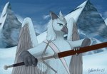 anthro beak blue_background blue_body blue_eyes blue_feathers claws feathers female feral melee_weapon mountain simple_background sky snow solo sword text weapon aydaharart mythology yel` avian gryphon mythological_avian mythological_creature absurd_res hi_res