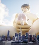 anthro big_muscles big_penis bodily_fluids city cum cum_flooding destruction excessive_cum excessive_genital_fluids genital_fluids genitals giga_macro huge_penis hyper hyper_cum leaking_cum looking_down low-angle_view macro male masturbation muscular muscular_male penis sky solo spread_legs spreading rileyfoxxo elrabin absurd_res hi_res