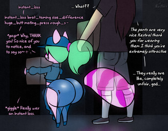anthro big_butt bottomwear box butt clothed clothed_anthro clothed_female clothed_male clothing container dialogue duo ellipsis exclamation_point female female_anthro green_hair hair hat headgear headwear holding_box holding_container holding_object huge_butt hyper larger_male loli male open_mouth pants pink_body ponytail shirt size_difference smaller_female text topwear young young_anthro young_female norithics kestral_spectra human mammal procyonid raccoon 2026 digital_media_(artwork) english_text