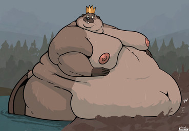 anthro belly big_belly big_moobs biped black_nose brown_body butt crown detailed_background headgear humanoid_hands king male mature_male moobs navel nipples obese obese_male outside overweight overweight_male plant royalty solo tail tree karrnade hoppers_(disney) king_george_(hoppers) beaver mammal rodent 2026 absurd_res hi_res