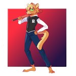 anthro baseball_bat bat_(object) blonde_hair bottomwear clothing denim denim_bottomwear denim_clothing fur green_eyes hair hand_on_hip jacket jeans male object_on_shoulder orange_body orange_fur pants pupils slit_pupils solo topwear videos_or_whatever phoenix_(maxspec) felid feline mammal 1:1 hi_res