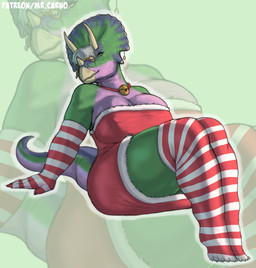 anthro armwear bell bell_collar big_breasts breasts clothed clothed_anthro clothed_female clothing collar detailed_background dress elbow_gloves eyewear facial_horn feet female fingers frill_(anatomy) frill_piercing front_view furgonomic_piercing furgonomics glasses gloves green_body green_eyes handwear holidays horn humanoid_feet humanoid_hands legwear looking_at_viewer nipple_outline non-mammal_breasts pattern_clothing pattern_gloves pattern_handwear pattern_legwear pattern_stockings piercing plantigrade pose purple_body red_clothing red_dress santa_dress seductive smile solo stockings striped_clothing striped_gloves striped_handwear striped_legwear striped_stockings stripes tail tan_body text thick_thighs toes mr.carno christmas amanda_(mr.carno) ceratopsian ceratopsid chasmosaurine dinosaur marginocephalian ornithischian prehistoric_species reptile scalie triceratops absurd_res artist_name colored full-length_portrait hi_res pinup portrait shaded url watermark